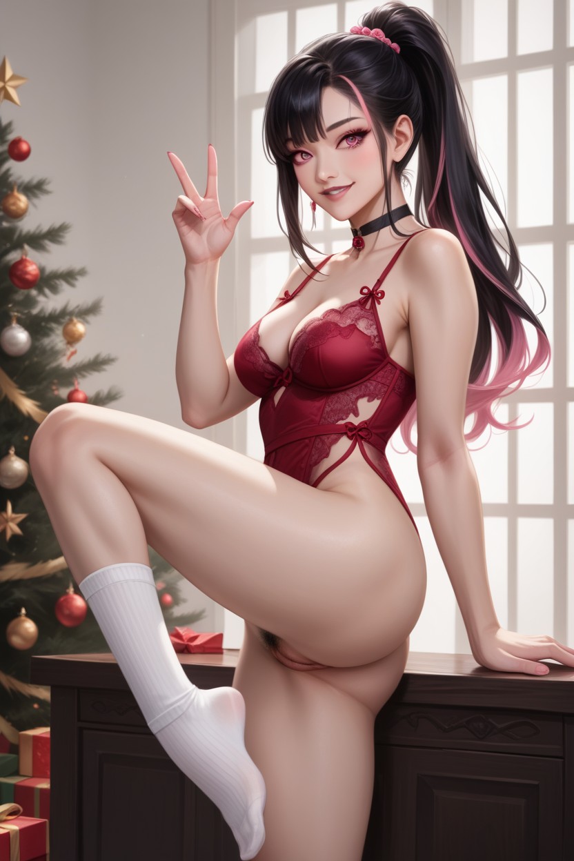 Mischievous (smiling While Blushing), Christmas Lingerie, Black Pubes Hentai AI Porn