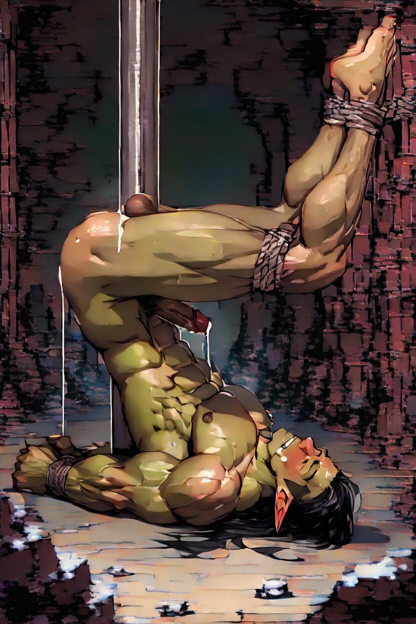 1 Person, Brown Throbbing Cock, Only Is Held Up By Ropes Tied Around His Arms And Chest AI Gay Porn