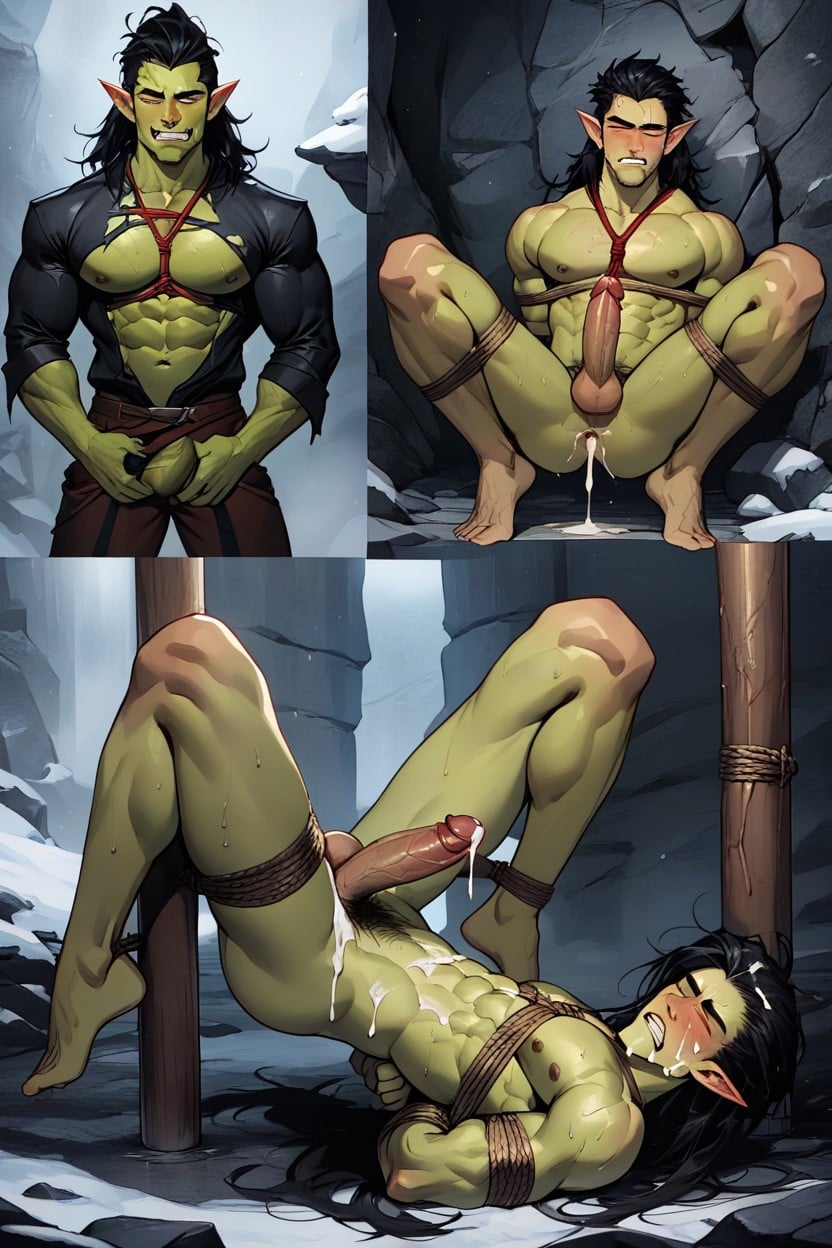 Ass Pressed Hard Against Wooden Pole, Brown Throbbing Cock, Hung Male Orc AI Gay Porn