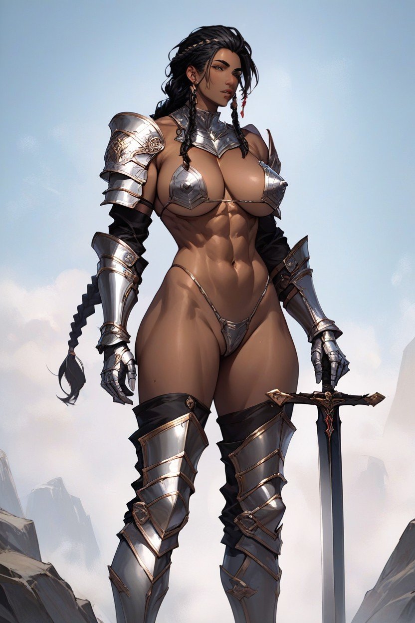 Dark Skin Ebony Woman, Fit, Carrying Giant Sword AI兽人黄片