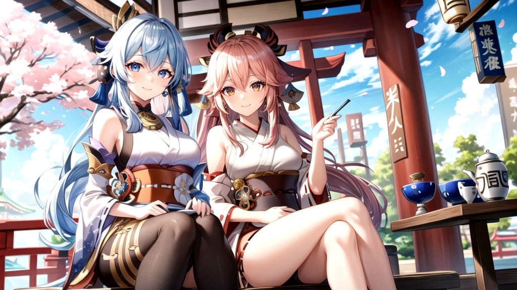 Ganyu And Yae Miko From Genshin Impact, Cherry Blossom Garden, Smiling SoftlyHentai IA