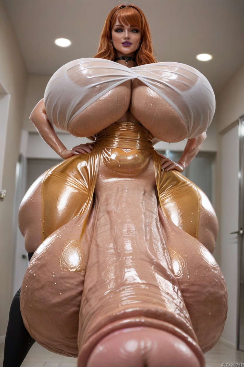 Sweat Drops On Cock And Balls, Fat Girthy Cock, Blue Eyes Shemale AI Porn