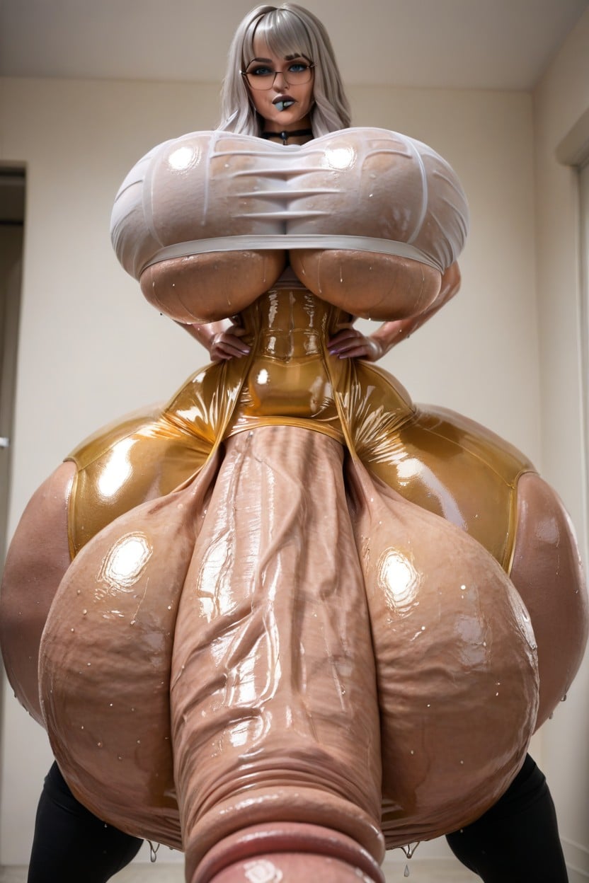 Platinum Hair, Oiled Skin, Flaccid Cock Shemale AI Porn