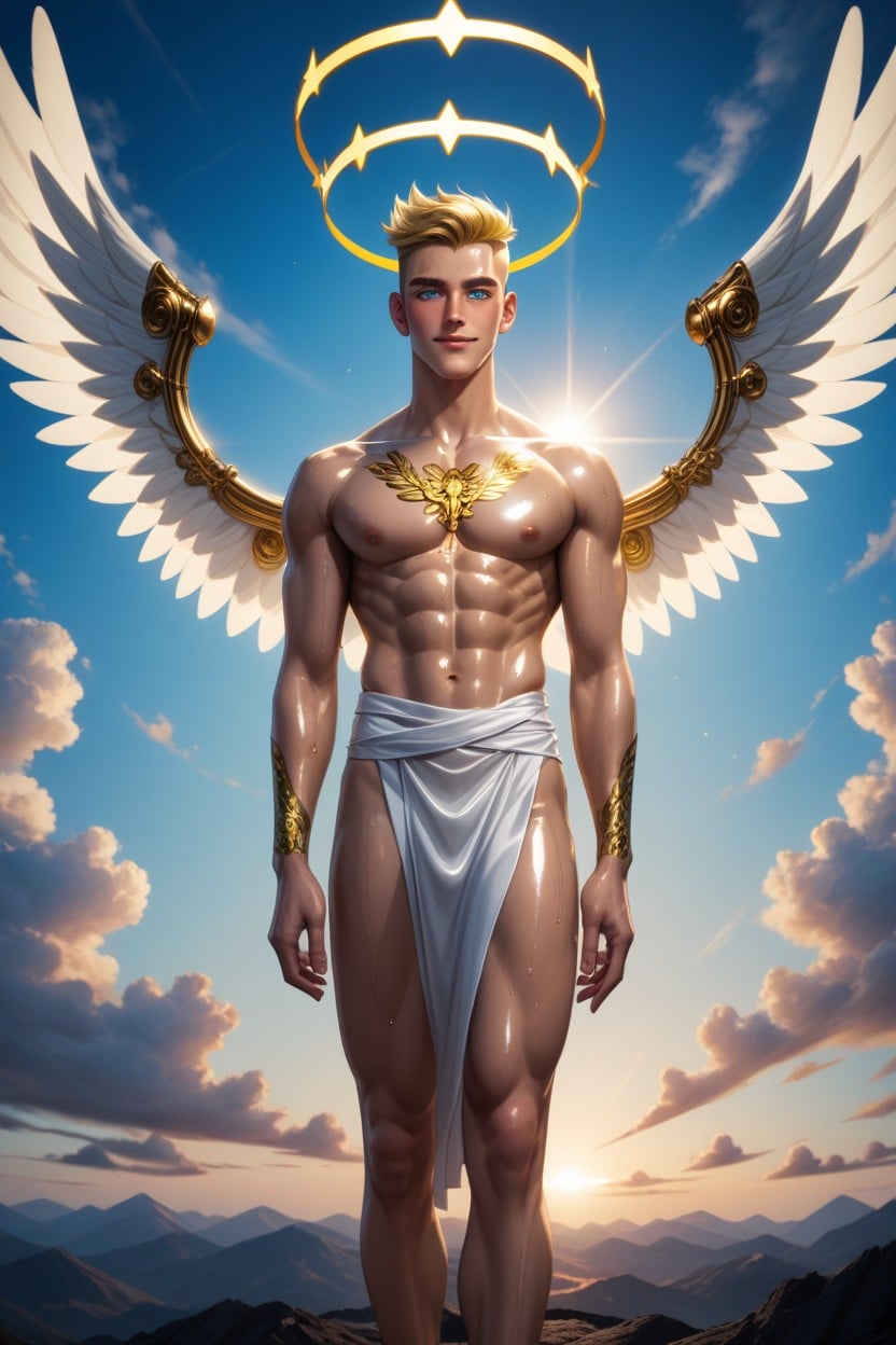 Fully Naked Masculine Six Foot Tall Angel, Torus Halo, Low Picopico's School AI Gay Porn