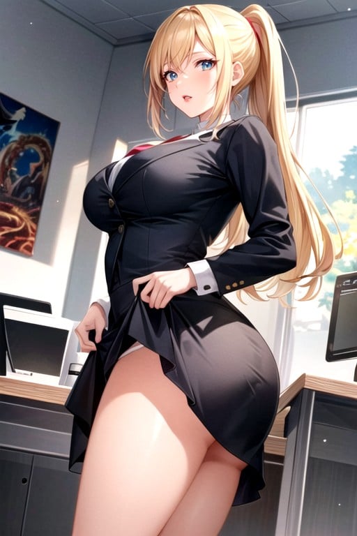 Featuring Red Lips, Wearing A Ocean Blue Office Dress With Skirt She Has Gold Blonde Hair Styled In A Long Ponytail Providing A Upskirt View Her Body Is With A Bust Size Of, Samus Zero From MetroidAI黄漫