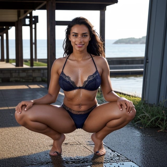 Ponytail, Smiling, Wearing Lace Stockings In Light French Navy BlueAI黄漫