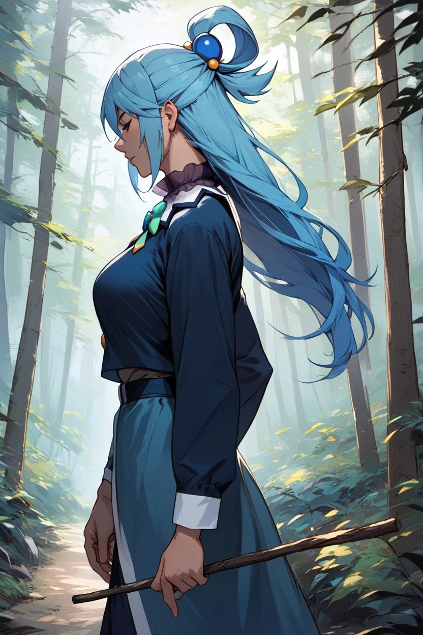 Peito Pequeno, Blue Hair, Walking Through Woods Hentai IA pornografia