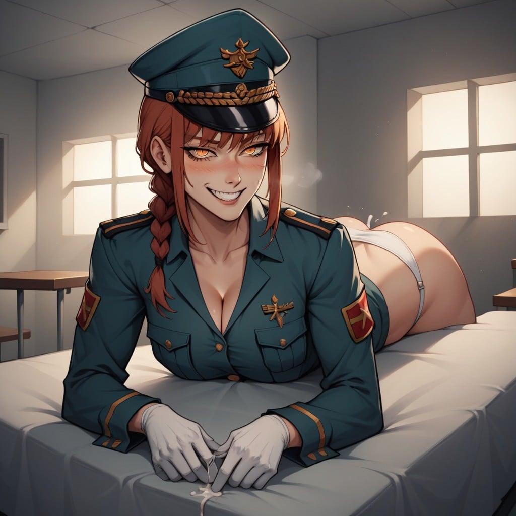 Mans Hands Chained, Makima From Chainsaw Man Wearing Sexy Unbuttoned Military Uniform, Female Fingering A Mans Asshole AI Porn