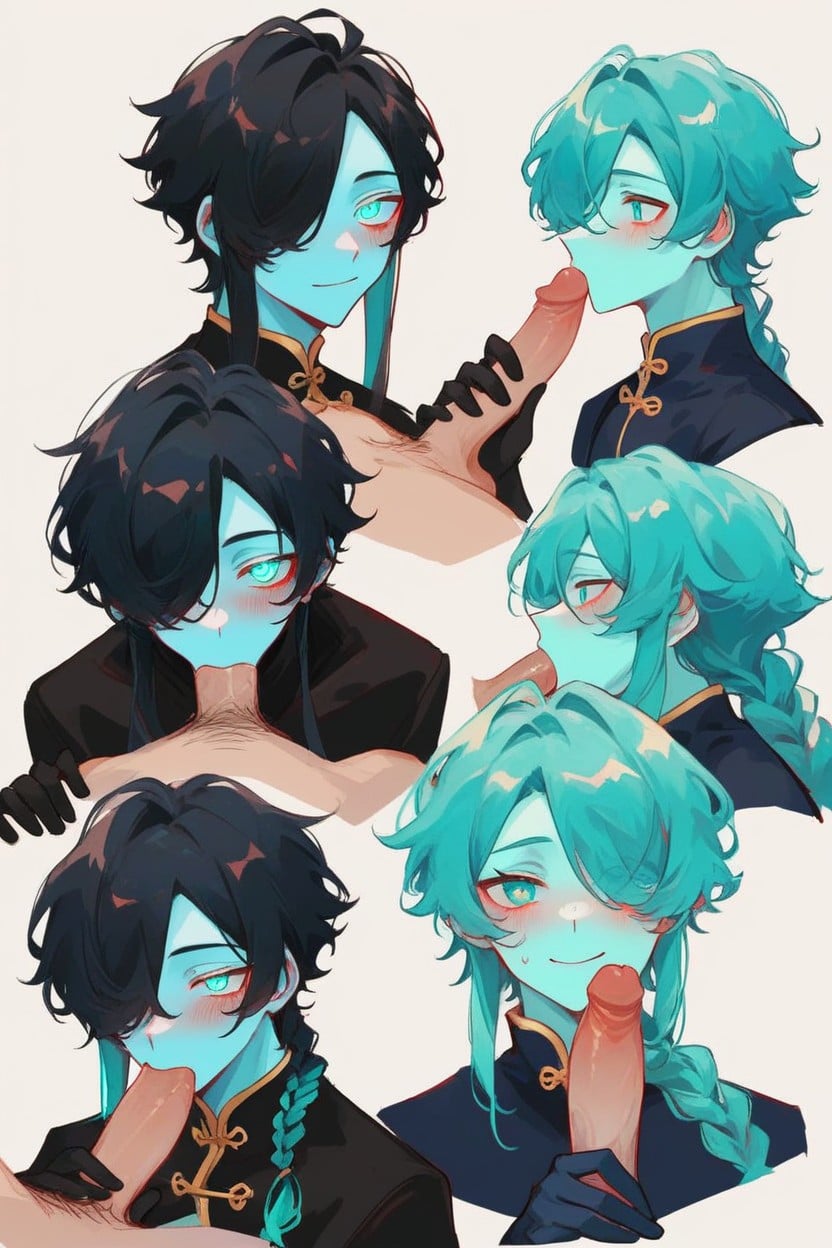 Turquoise Hair Tips, Long Braid, Multiple Views AI Gay Porn