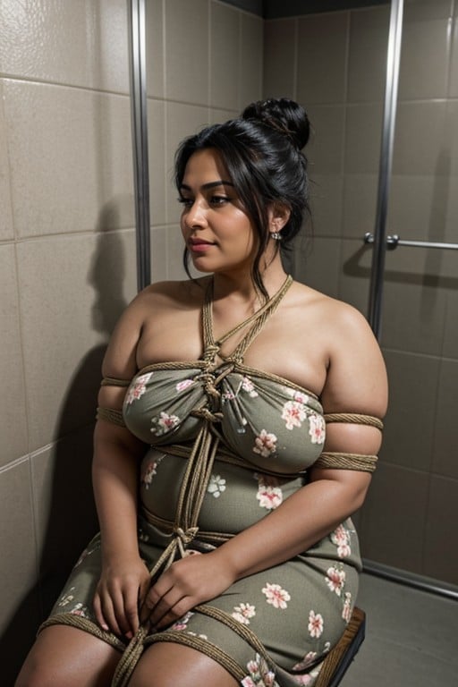 Bbw, Black Hair With Bun, Bathroom Stall Hentai AI Porn