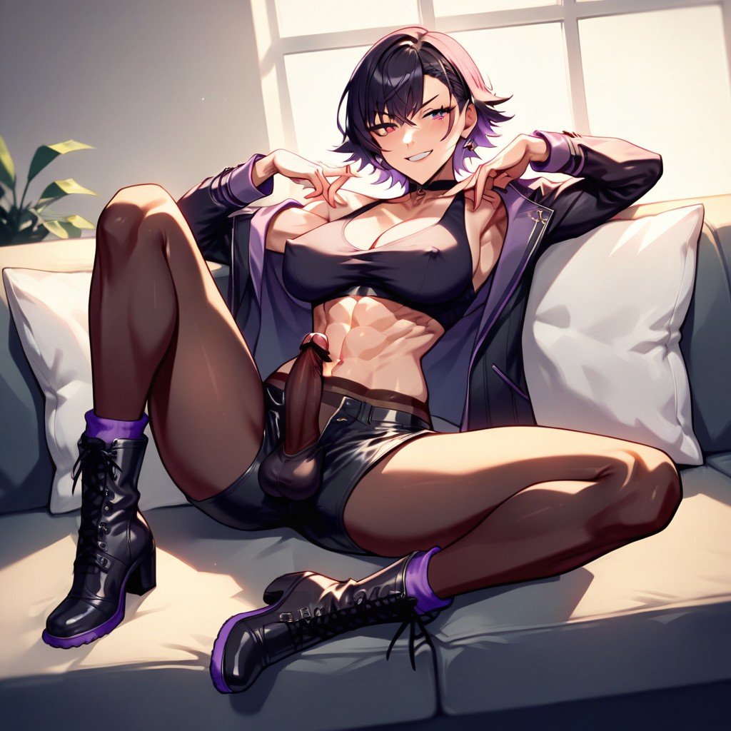 Erect Nipples, Purple And Black Jacket, Detailed HentaiニューハーフAIポルノ