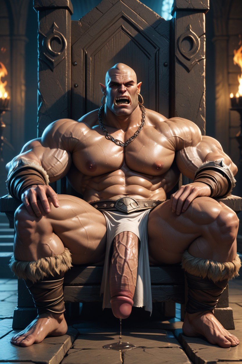 No Hair, Toweringly Massive Muscular Brown Orc Barbarian Warlord, Thick Thighs And Huge Ass Wearing Rags And A Chain Collar Riding Cowgirl On A Massive Cock Of Garrosh Hellscream From World Of Warcraft Shemale AI Porn