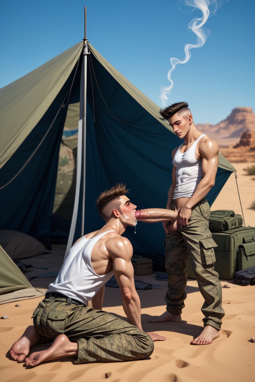 Barefoot Six Foot Tall Man, Outdoors, Army Green AI Gay Porn