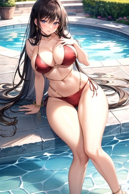 Brunette Red Bikini Belly Piercing Anklet Long Hair Sexy Teasing Present Feet By The PoolHentai IA