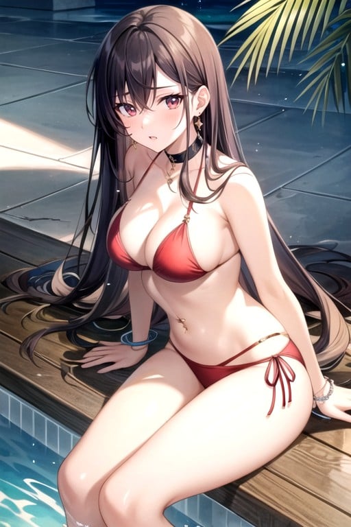 Brunette Red Bikini Belly Piercing Anklet Sexy Teasing Present Feet By The Pool Hentai IA pornografia