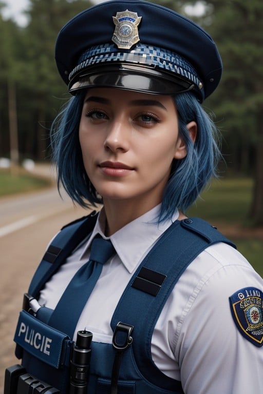 Extérieur, Cheveux Bleus, Costume De PolicePorno IA transsexuelle