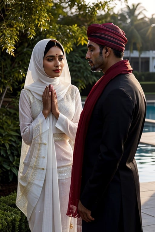 Standing Next To A Muslim Man In A White Kurta With A Black Shawl And Prayer Cap, In A Resort Garden With Evening Sunlight, Indian Woman In A Red Saree And Black Jacket Travesti IA Pornô