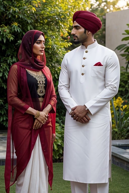 Indian Woman In A Red Saree And Black Jacket, In A Resort Garden With Evening Sunlight Women Clothed Are Wet And Transparent, Standing Next To A Muscular Muslim Man In A White Kurta With A Black Shawl And Prayer Cap人妖AI色情