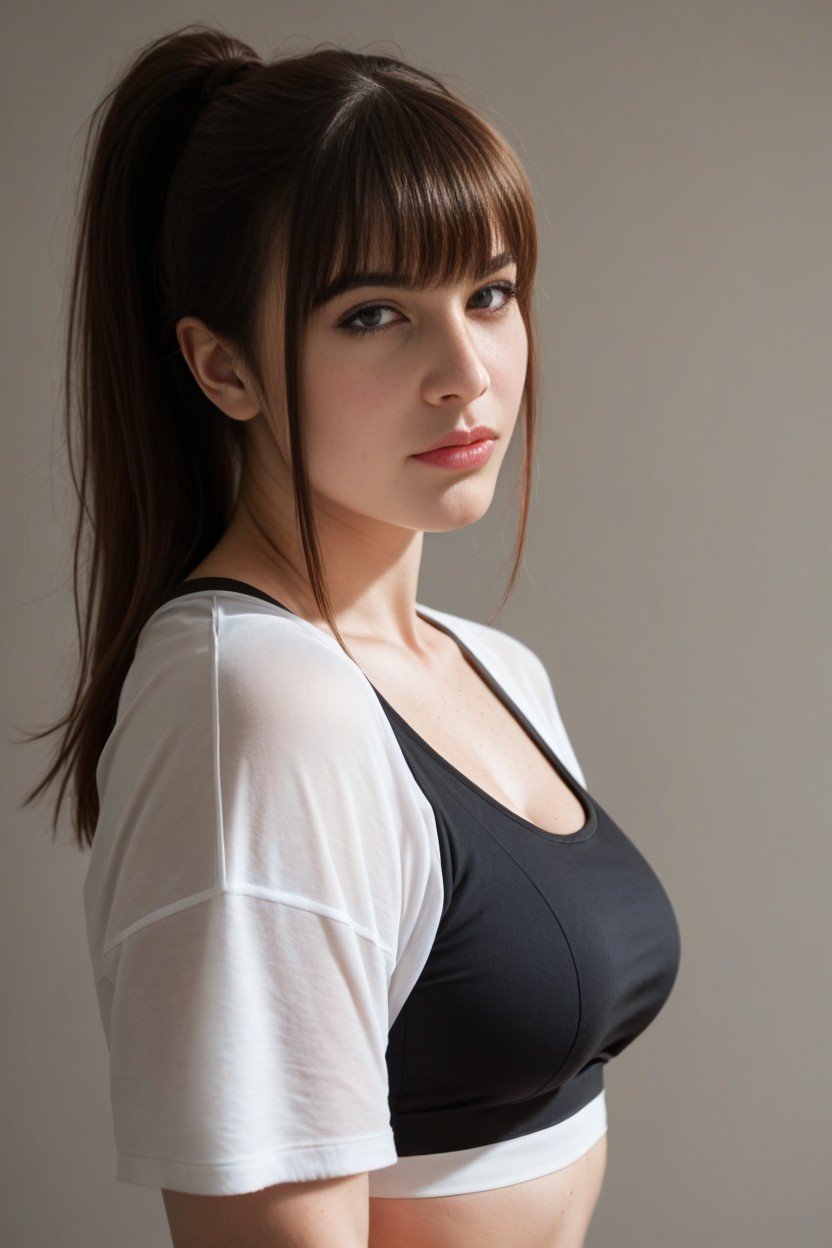 Black Sports Bra Under Shirt, クローズアップ, BangsニューハーフAIポルノ