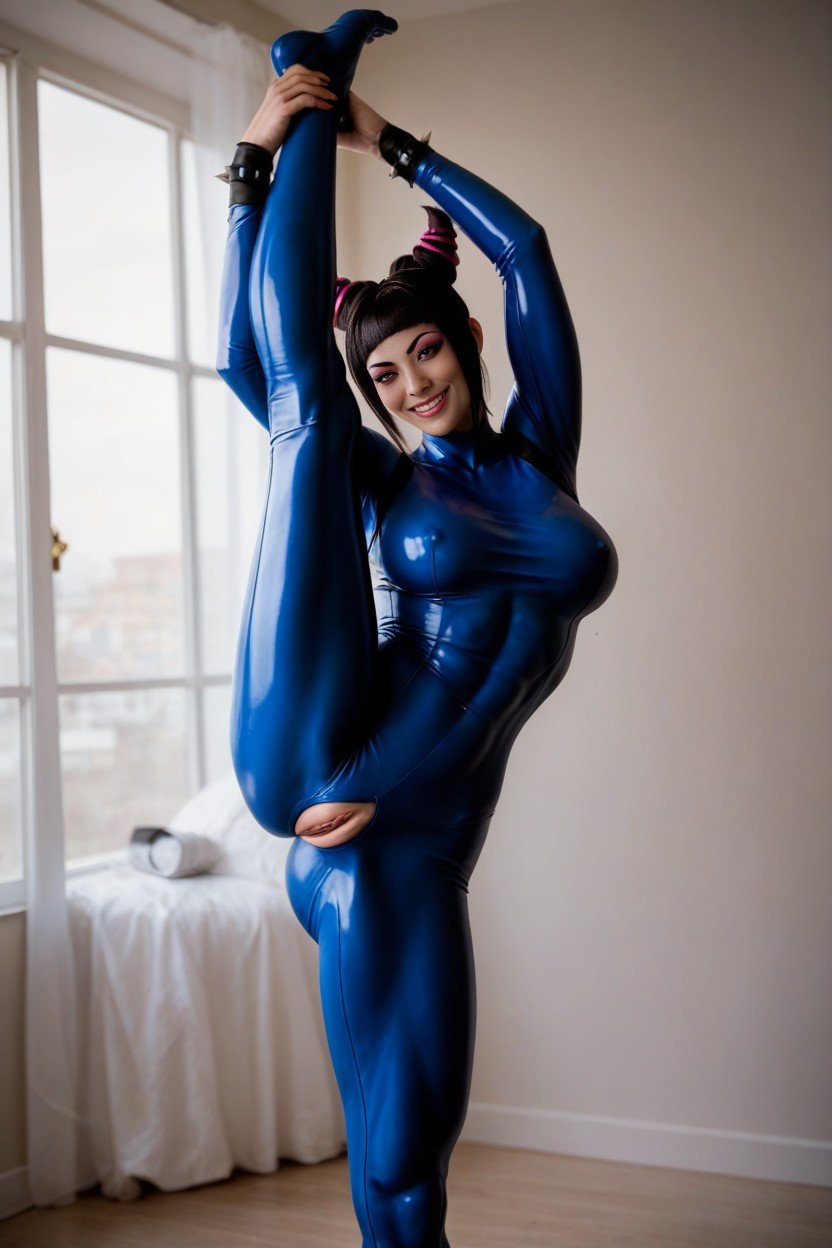 Blue Latex Suit, Grand Écart, Vue De FacePorno IA transsexuelle