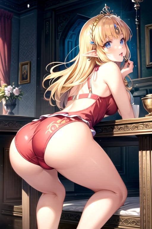 Wearing A Pink Swimsuit With Golden Details And Triforce Print, Inside Hyrule Castle, With A Transparent Pale Pink Microskirt Hentai IA pornografia