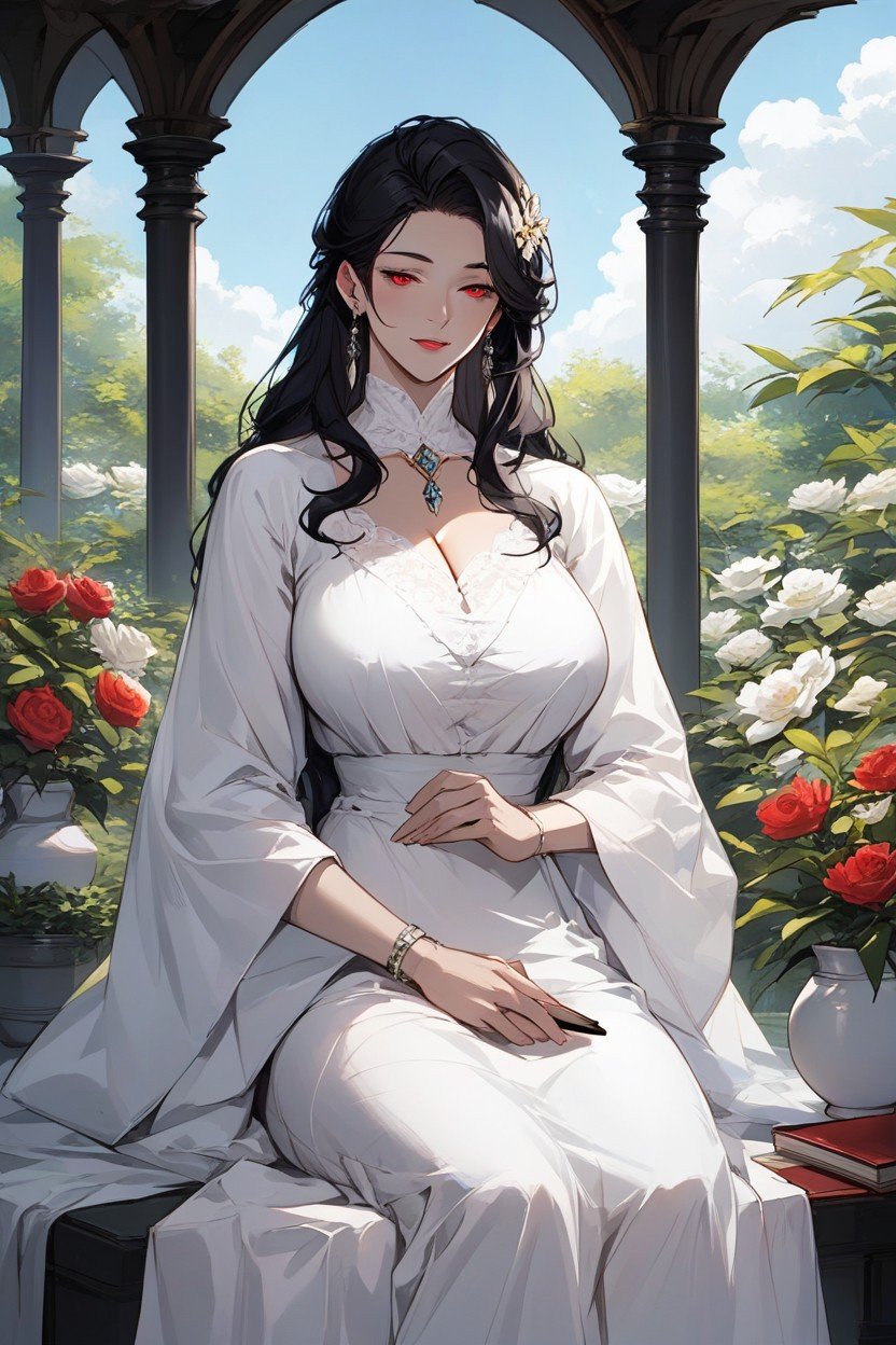 A Gentle Woman With Red Eyes And Long Black Hair In A Silk Dress He Sits In A Gazebo In The Garden With Graceful Flowers And Drinks Tea And Reads A Book In The Background, You Can See A White Stone Estate With Large Elongated Windows Furry AI Porn