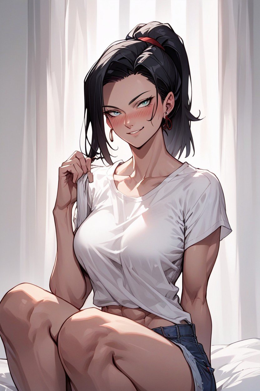 Black Hair, Medium Breast, Sitting CurledHentai IA