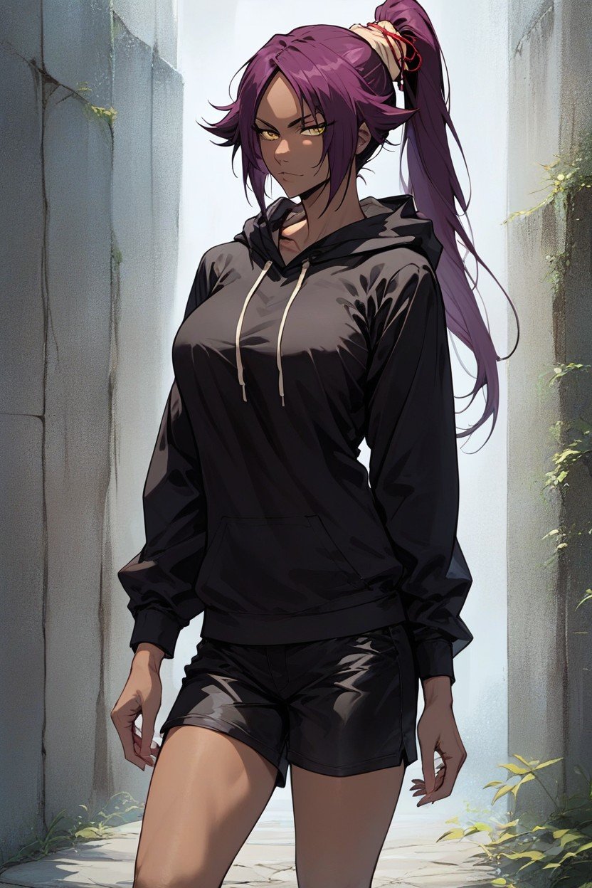 Yoruichi Shihouin From Bleach, Perfect Body, Black Shorts Hentai IA pornografia