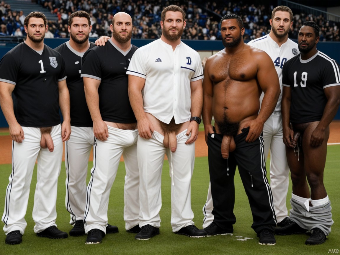 Harem, Lot Of Cum, They All Have Penises Sticking Out Of The Wrestling Uniforms And We Can See Hairy Pubes AI Gay Porn