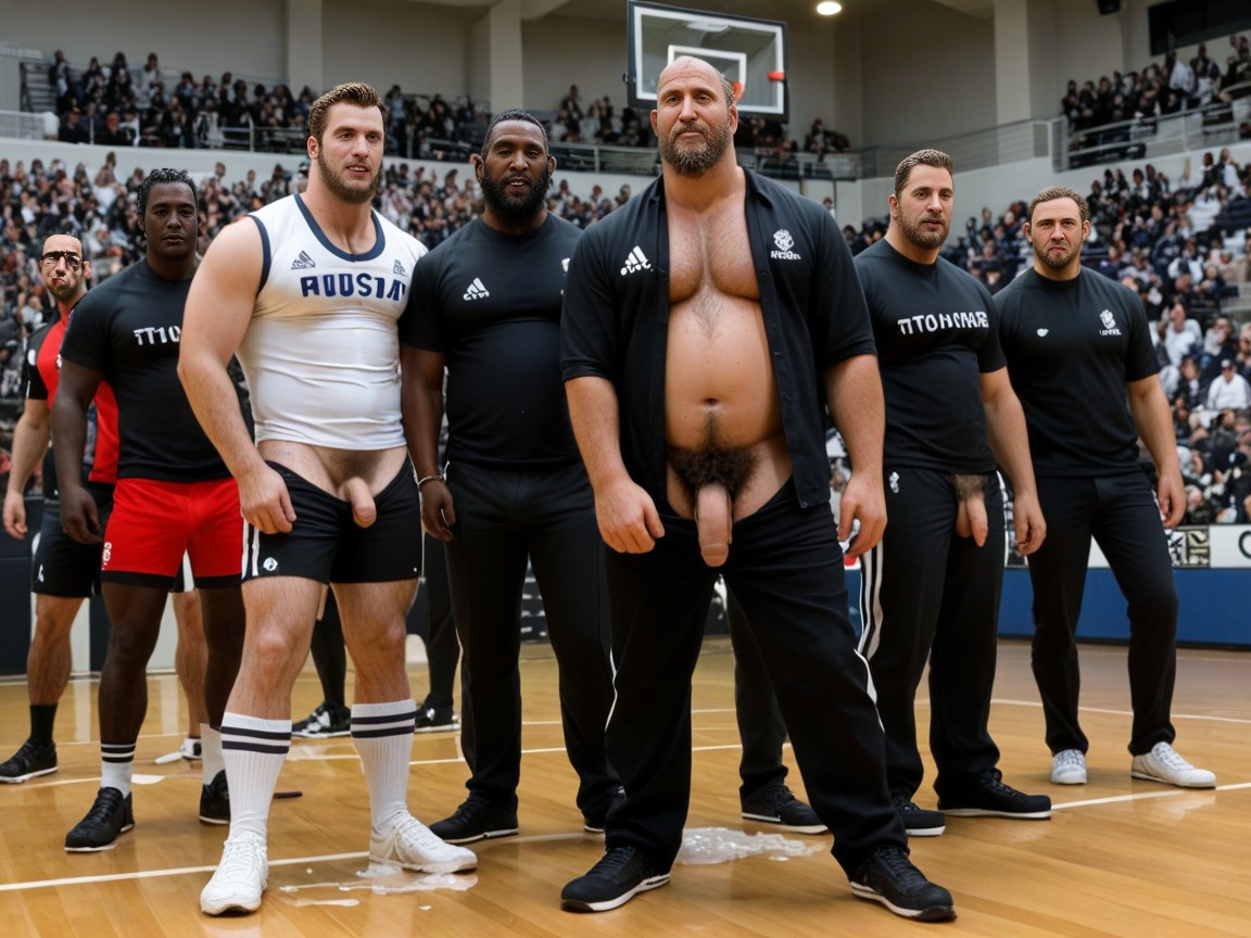 They All Have Penises Sticking Out Of The Wrestling Uniforms And We Can See Hairy Pubes, Sweaty, Big Balls Hanging AI Gay Porn