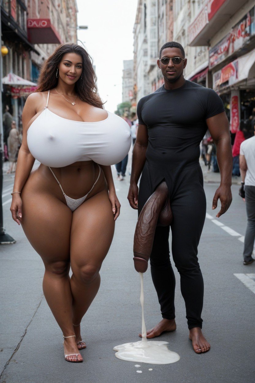 Public Road Background, Gigantic Woman Is Way Bigger Than Black Man, Man Sanding Next To Much Taller Scandinavian WifePorno IA transsexuelle