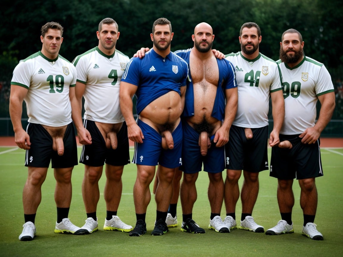 Wide Angle, Lots Of Arab Soccer Players Running Naked In Background, Hyper Cum AI Gay Porn