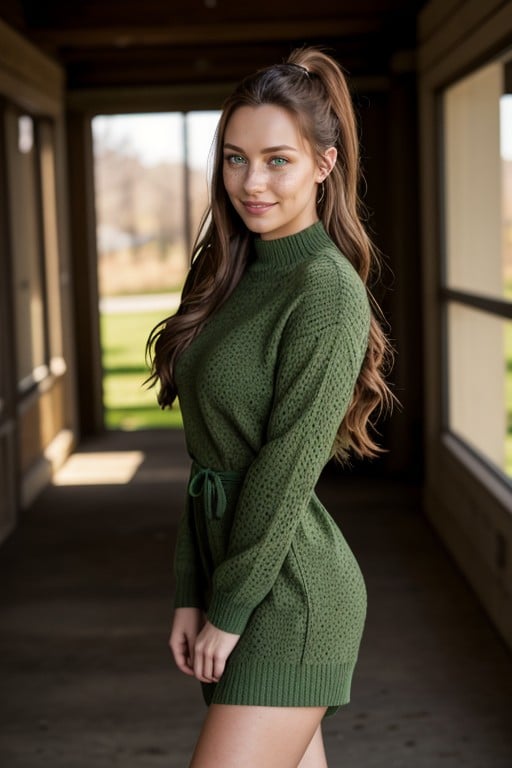 Freckles, Hdr, Wearing Green Sweater DressPorno IA transsexuelle