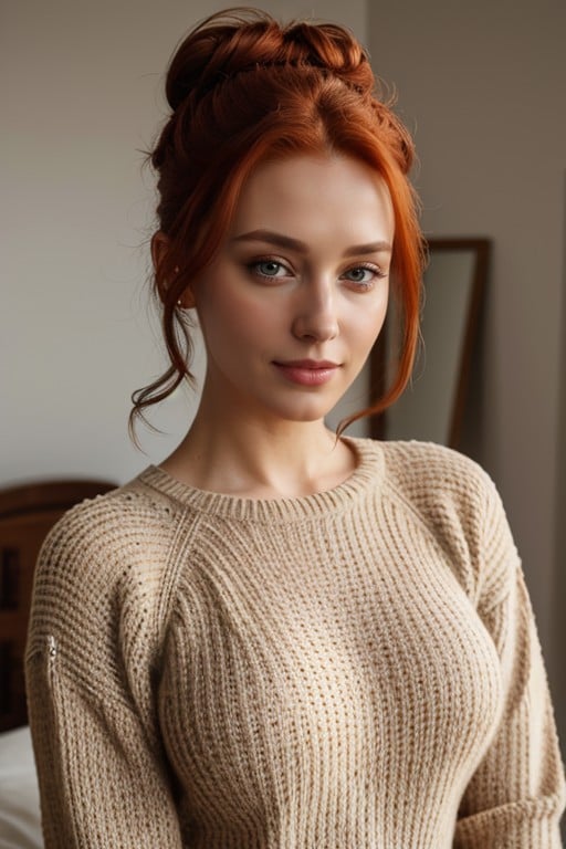 Hair Bun, Sweater, Red Hair Shemale AI Porn