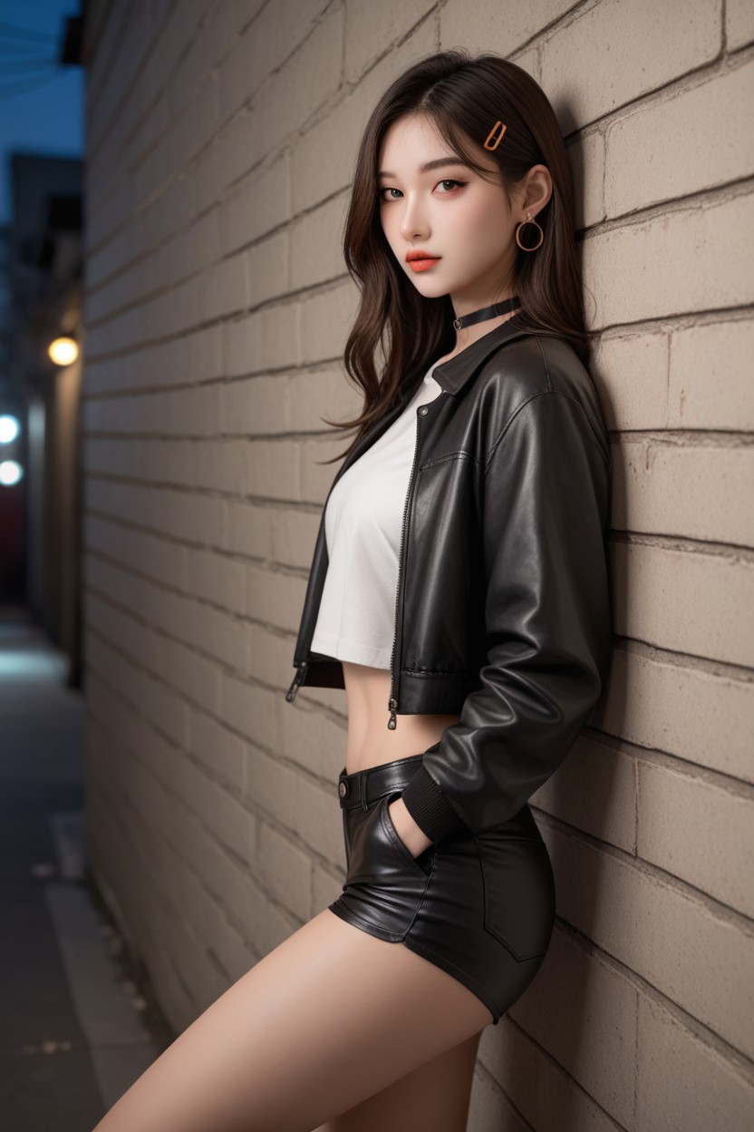 Night, Woman Wearing White Crop T Shirt, Alley Asian AI Porn