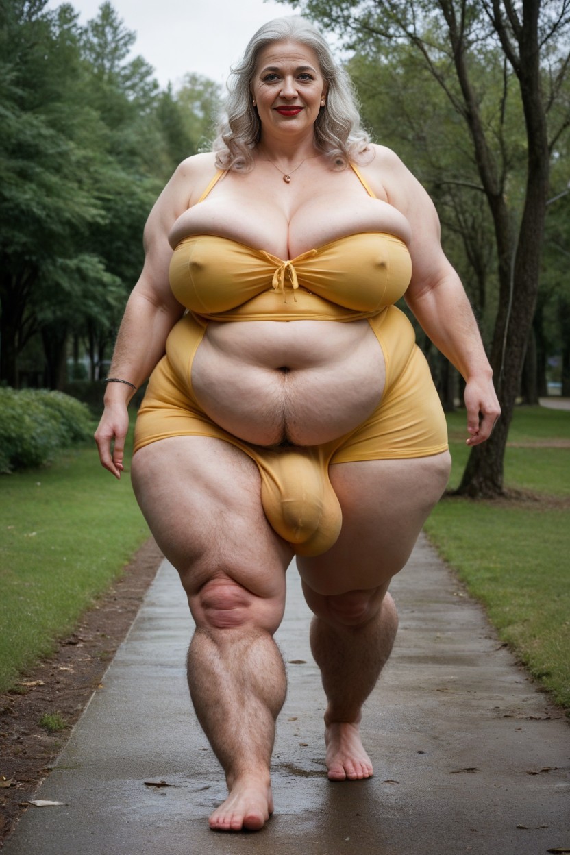 Pale Skin, Giant Tall Futanari, Walking On Park Background AI Porn