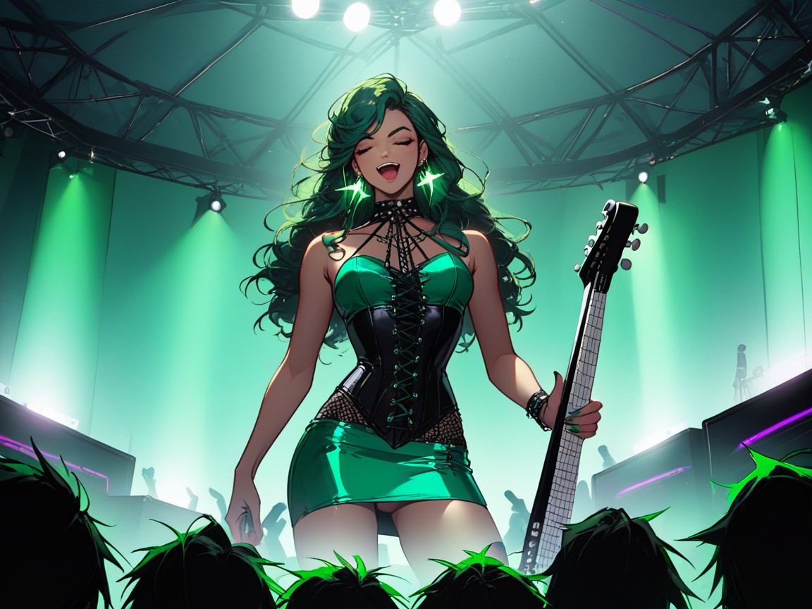 Hips Proportionate To Chest, Curly, Wearing Green Rockstar Clothes Latina AI Porn