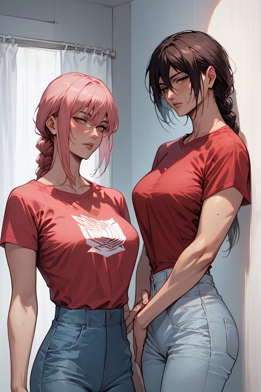 Mikasa Ackerman Hugs Makima, Red T-shirt, Shaved Body Hentai IA