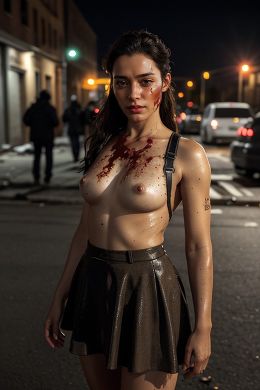 Thong, Exposed Pussy Apocalyptic Setting Ruined City Streets Poorly Lit Trash Everywhere And Stains On Ground Blurry Zombies In Background, Skirt Furry AI Porn