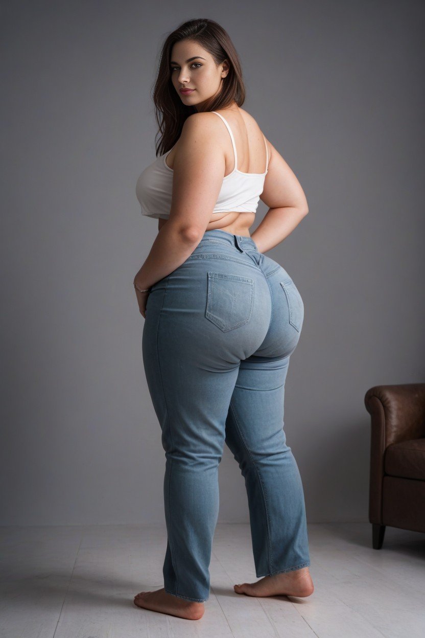 Hourglass Shaped With A Fat Belly And Slight Cellulite, Visão Traseira, Top Cropped Travesti IA Pornô