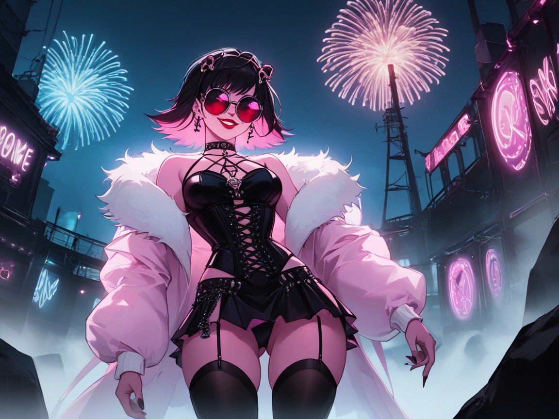 Neon Pink Lights In Background, Woman Holding A Micophone, Rock Band In Background Latina AI Porn