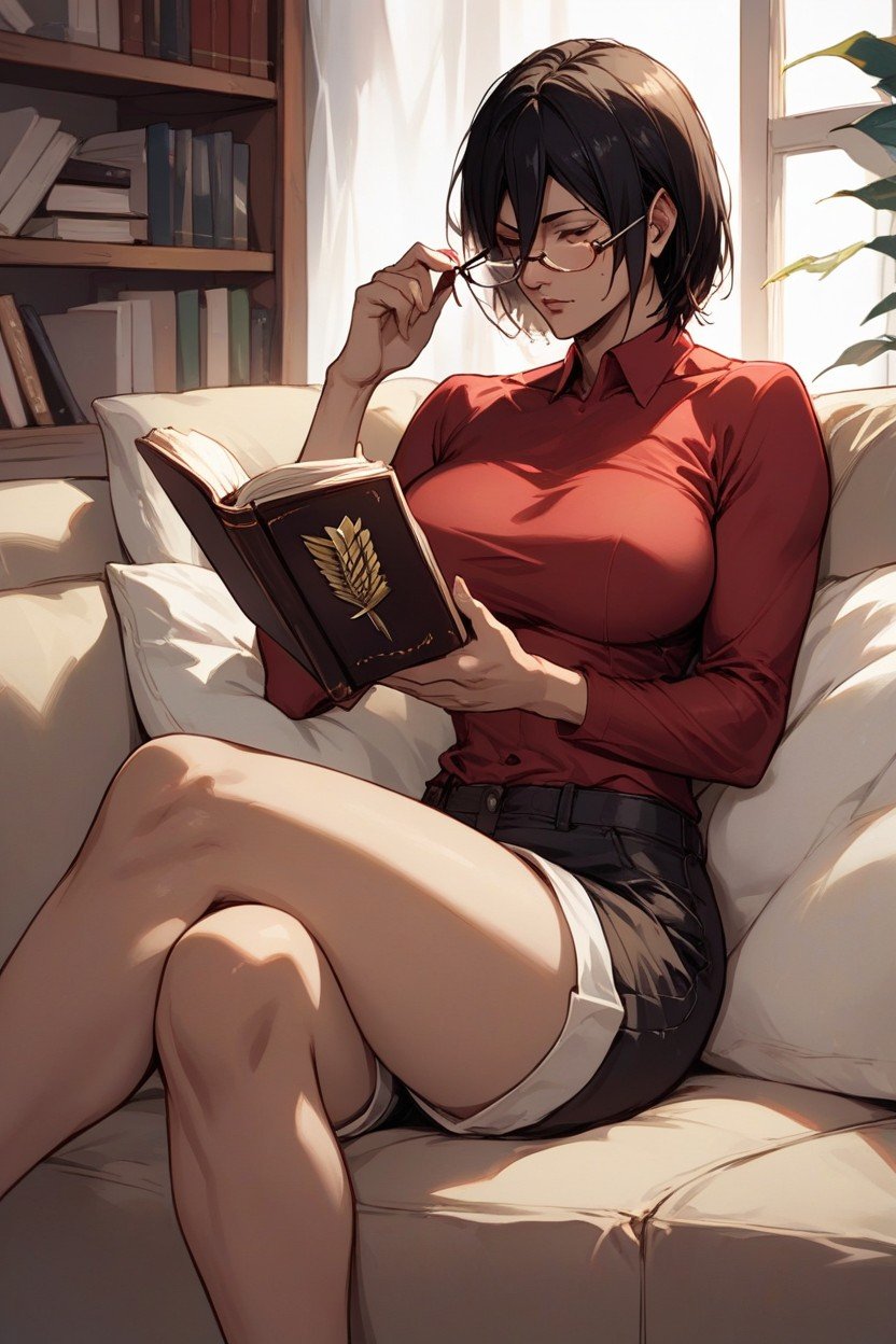 Sitting On The Couch, Reading A Book, Red T Shirt Хентай AI порно