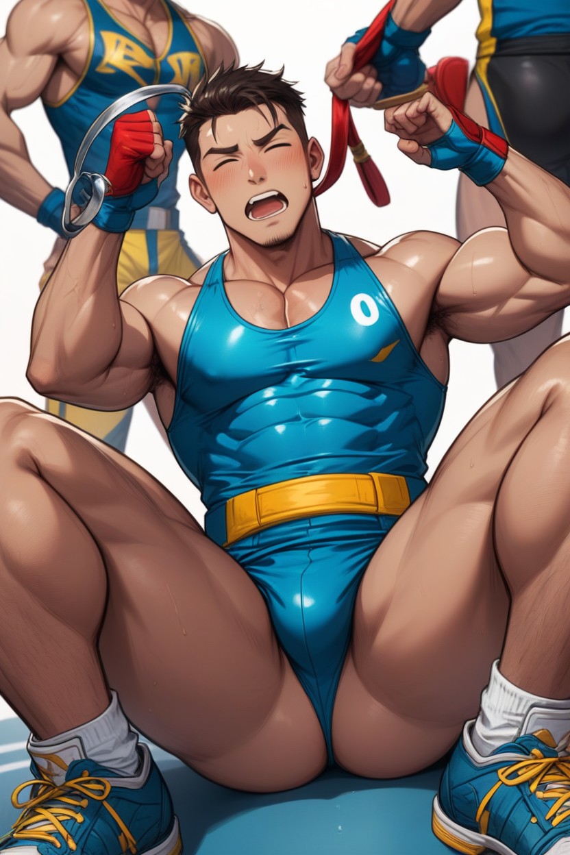 The Other Wrestler In A Blue Singlet, Sits On Top Of Him, Is On His Back AI Gay Porn