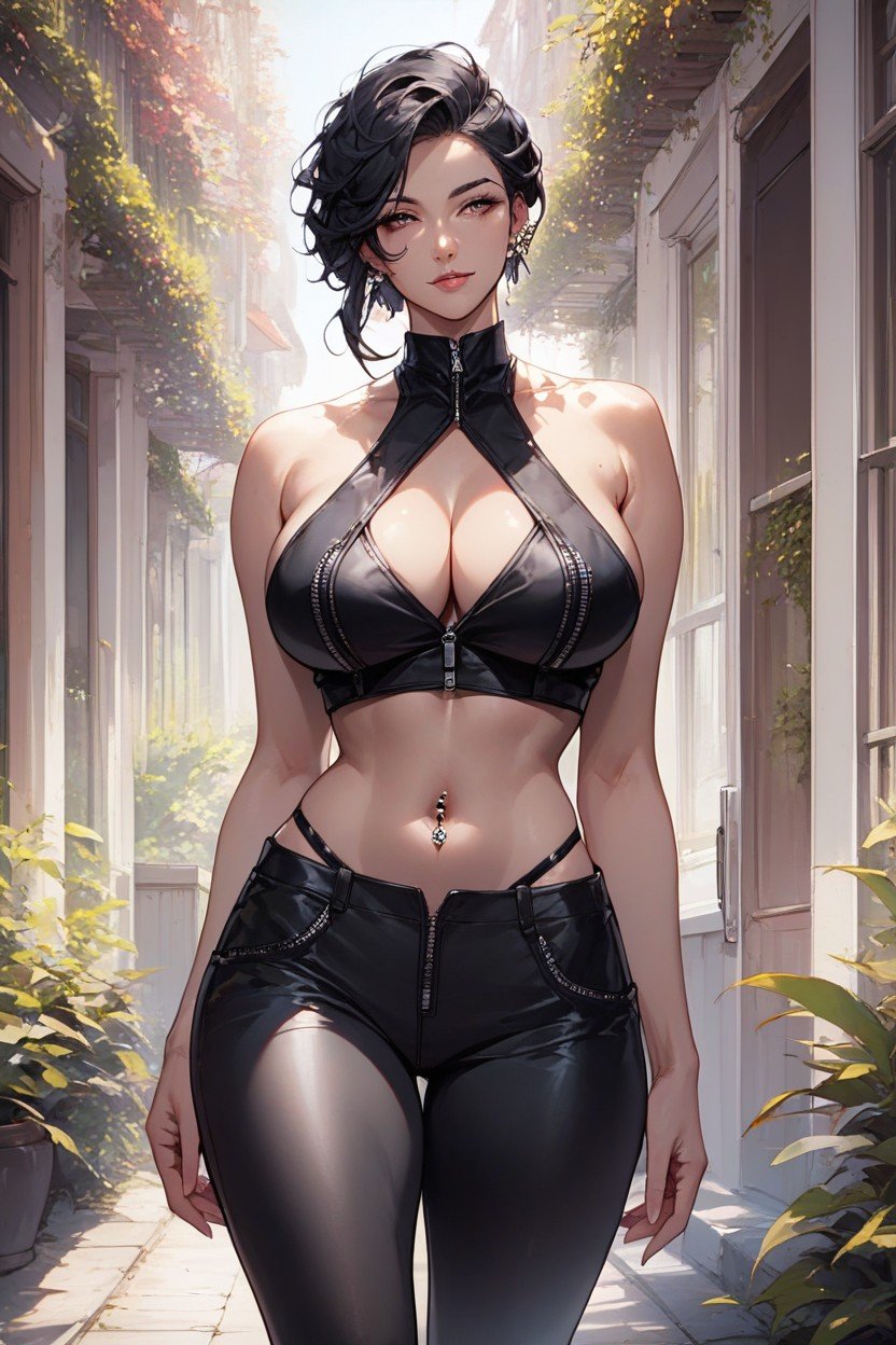 Pixie Hairstyle, Black Hair, Black LeggingsPorno IA Hentai