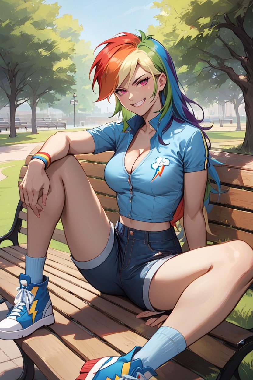 Sonrisa Burlona, Leaning Back Against Bench, Ultra DetailedHentai IA