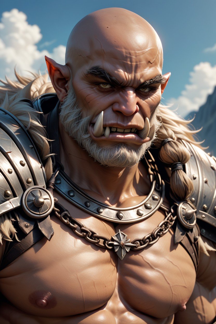 Lower Mouth Tusks, Massive Muscular Orc Warlord Garrosh, Wearing Barbarian Chieftan Armor Travesti IA Pornô