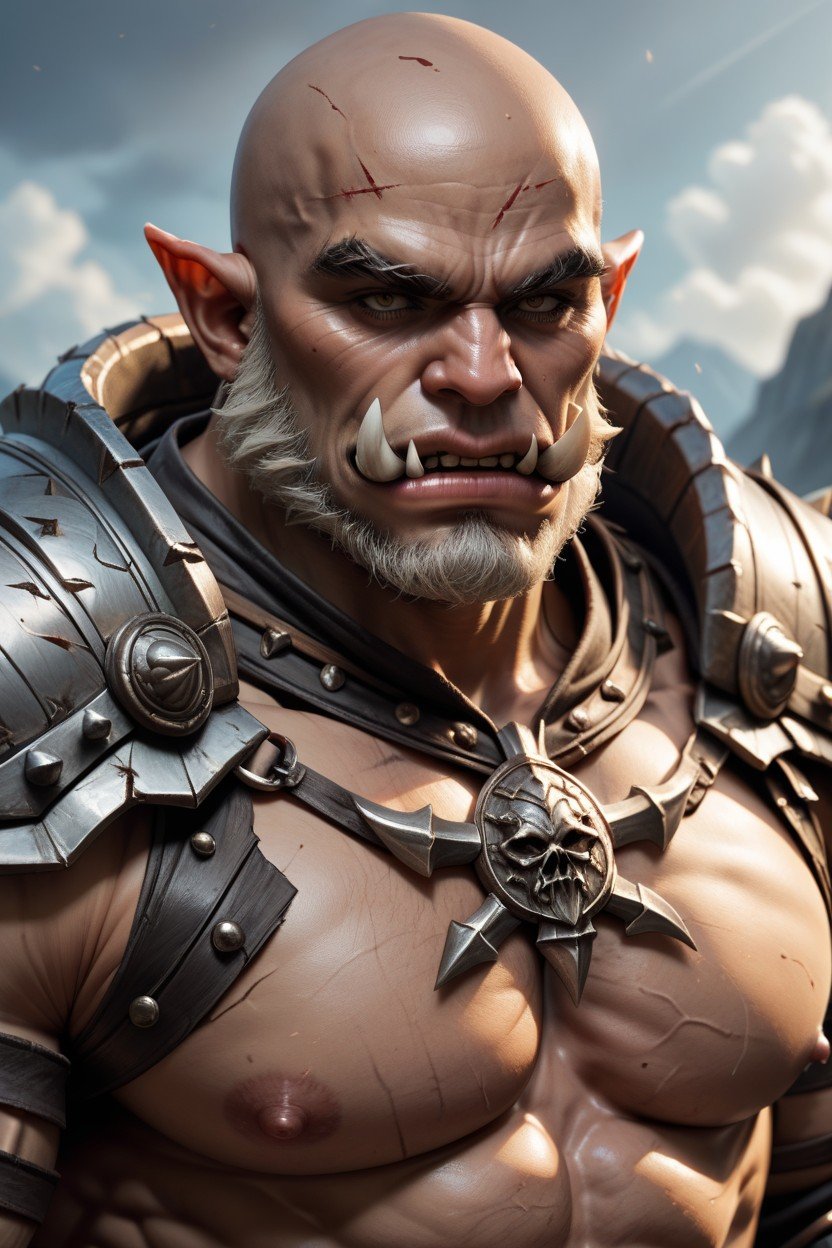 Bald Head, Wearing Barbarian Chieftan Armor, Lower Mouth Tusks쉬메일 AI 포르노