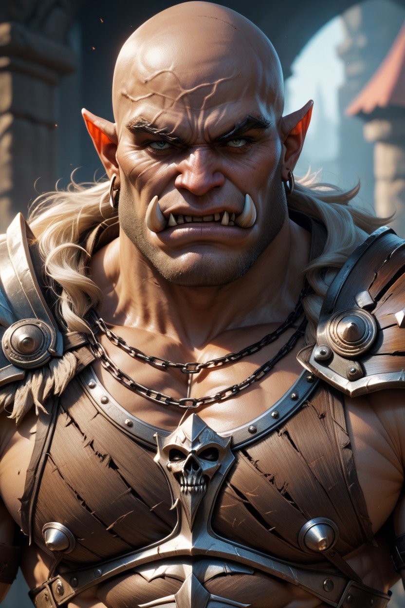 Lower Mouth Tusks, Massive Muscular Orc Warlord Garrosh, Wearing Barbarian Chieftan Armor Furry AI Porn