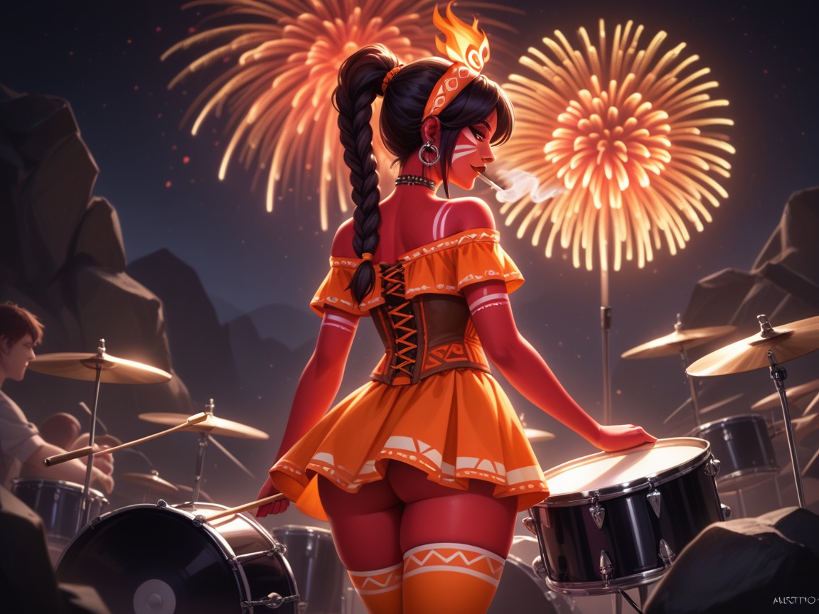 Neon Orange Stage Lights, Goth, Waist Length Hair Hentai AI Porn