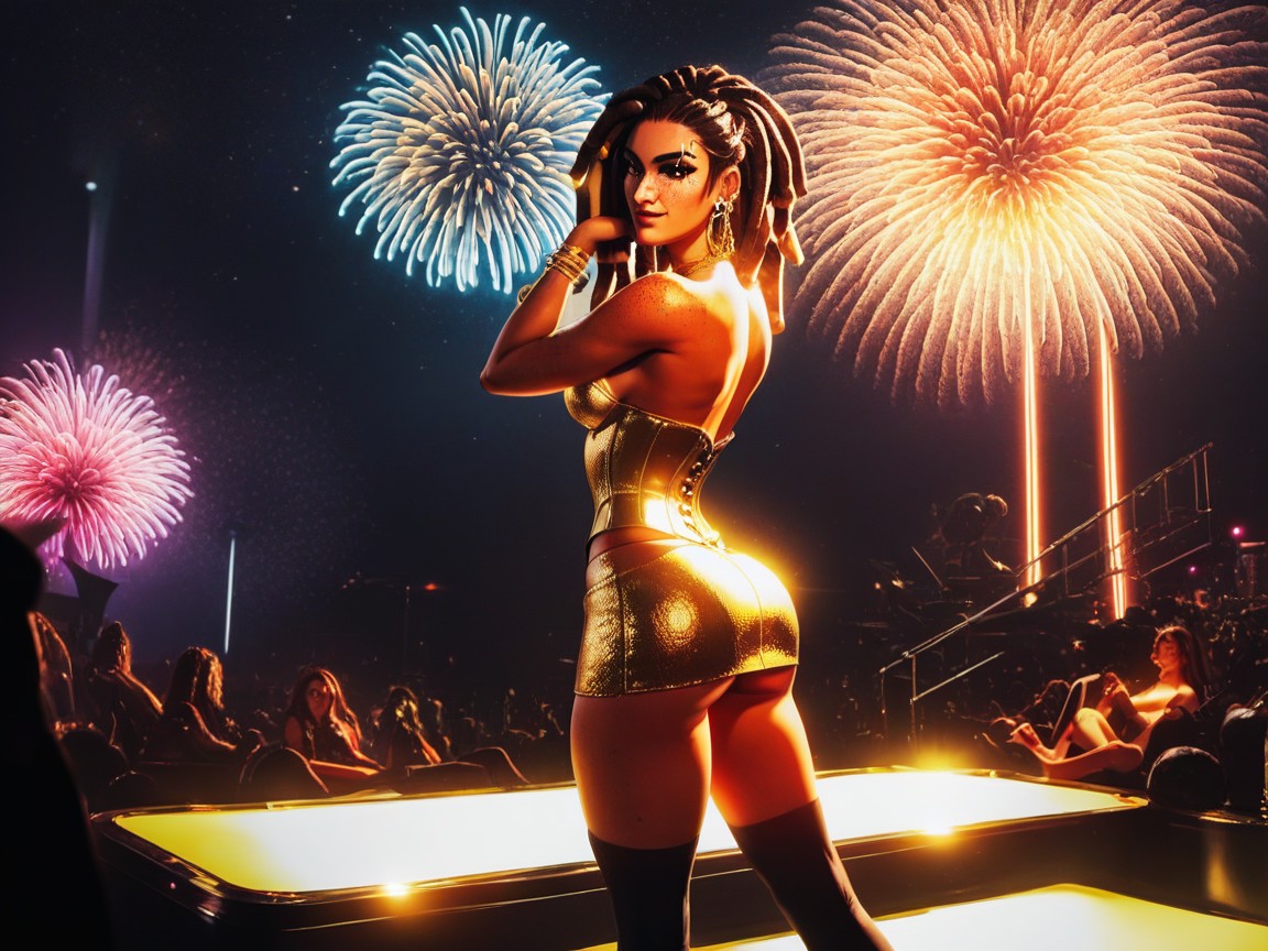 Neon Gold Stage Lights, Freckles On Face, Rounded Wide Hips Hentai AI Porn